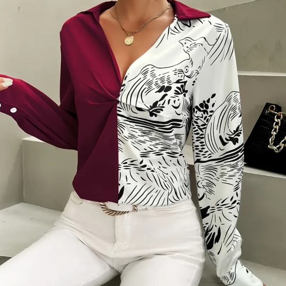 Tops | Colorblock Graphic Print Twist Front Shirt Size Large | Poshmark